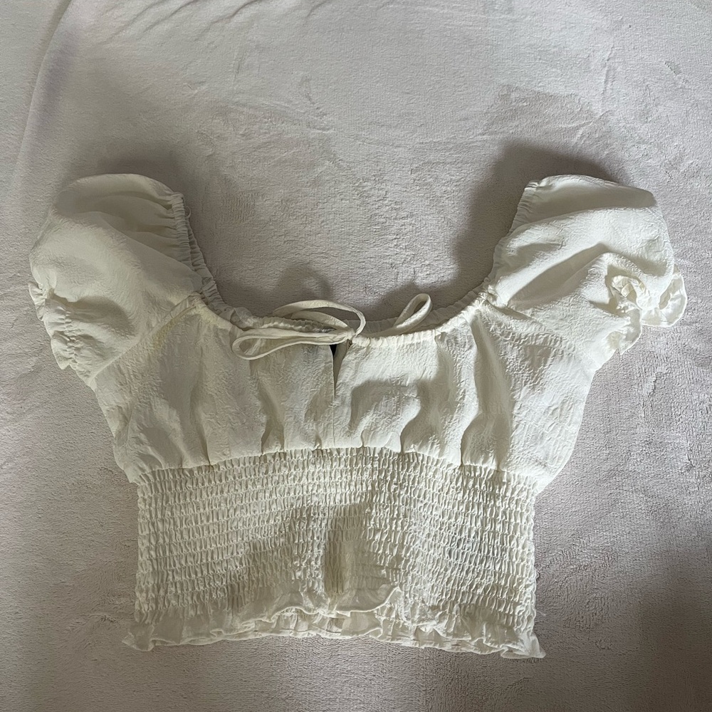 H&M Cream Smocked Puff Sleeve Blouse